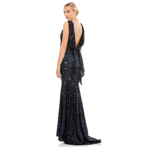 Mac Duggal 26331 Midnight Blue Cowl Back Boat Neck Sequined Gown Dress 2 - Picture 1 of 7